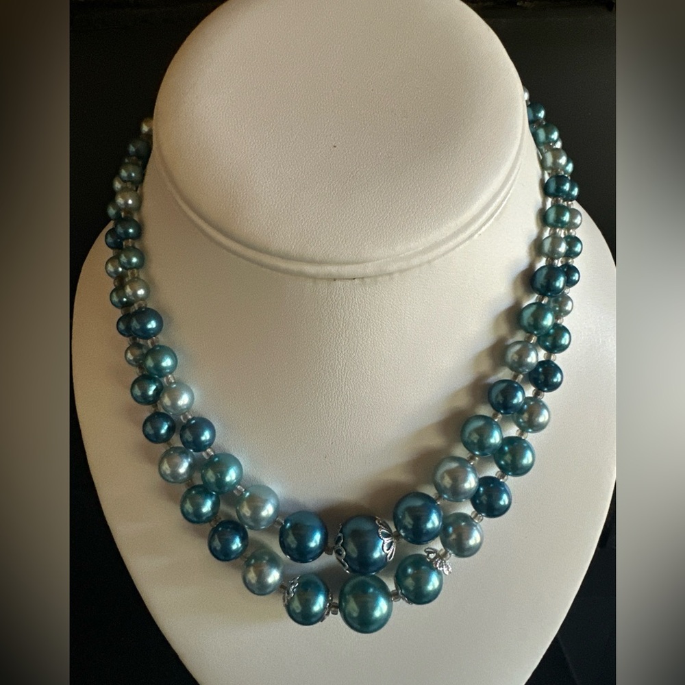 VTG Japan Elegant Blue Faux Pearl 2 Layer Necklace Silver Tone Accents Extender